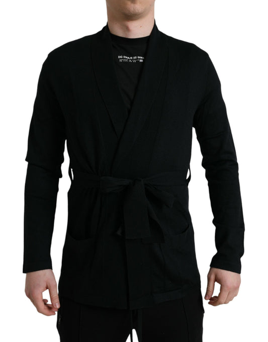 Dolce & Gabbana Black Cashmere Long Sleeves Belted Wrap Men's Robe
