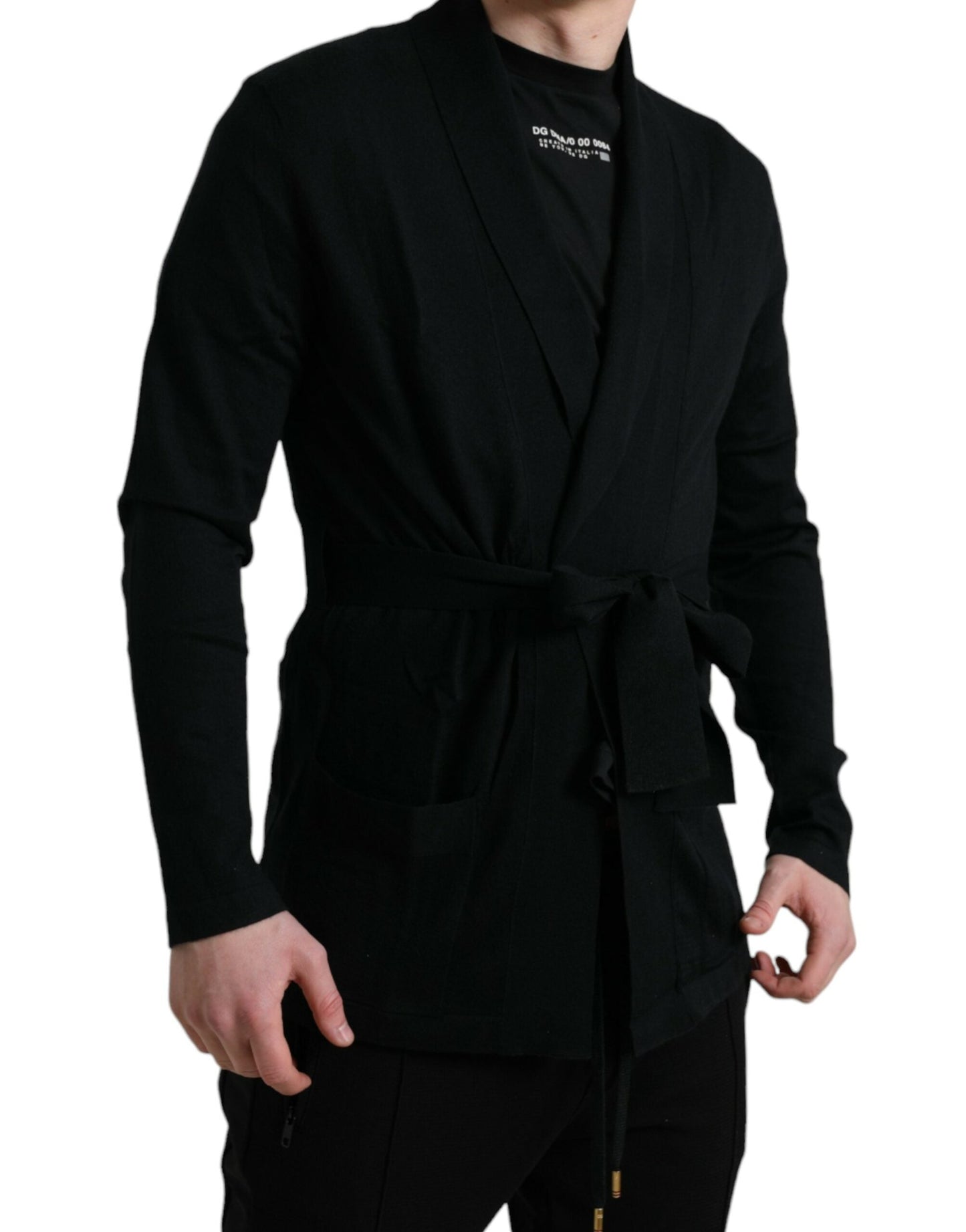 Dolce & Gabbana Black Cashmere Long Sleeves Belted Wrap Men's Robe