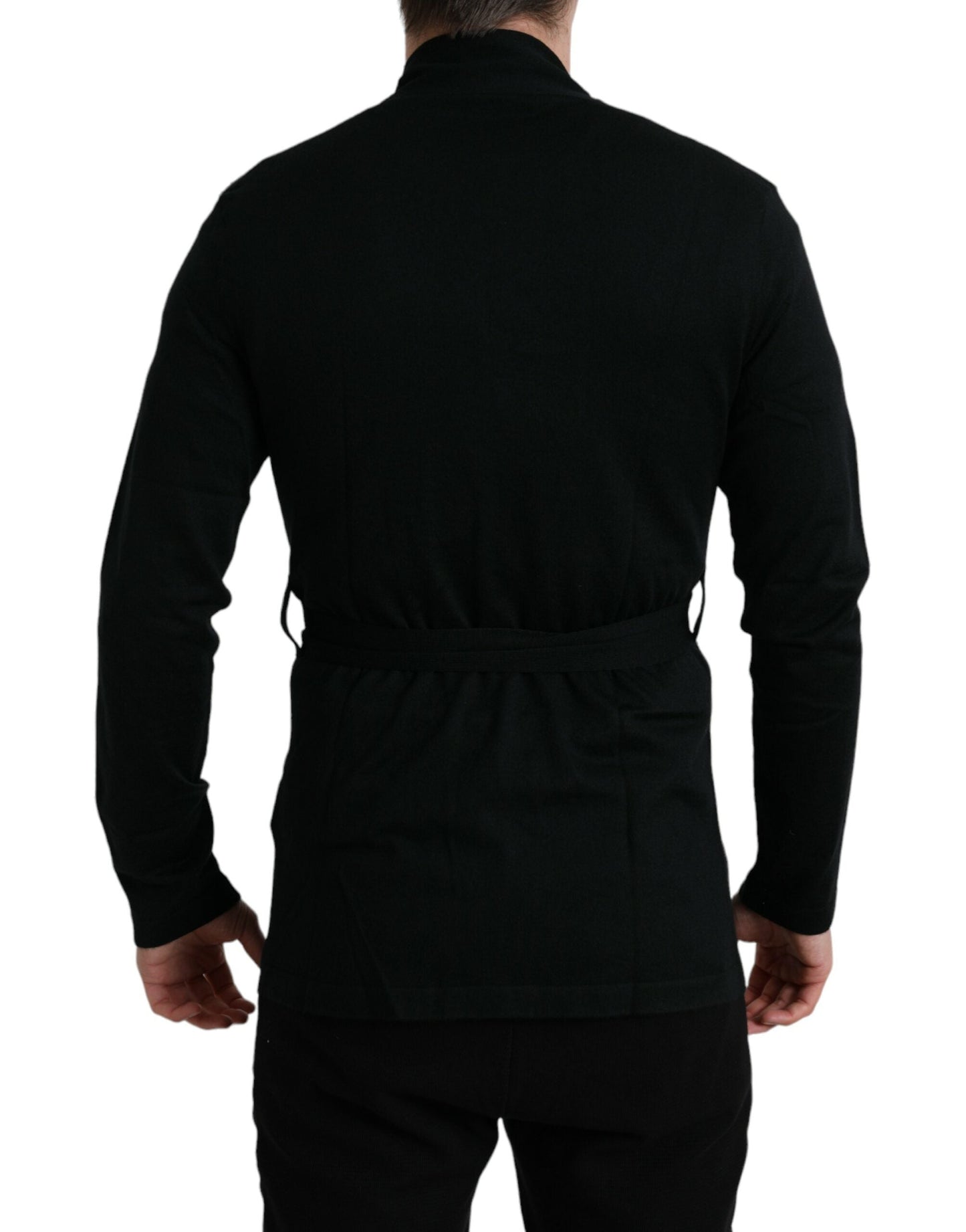 Dolce & Gabbana Black Cashmere Long Sleeves Belted Wrap Men's Robe