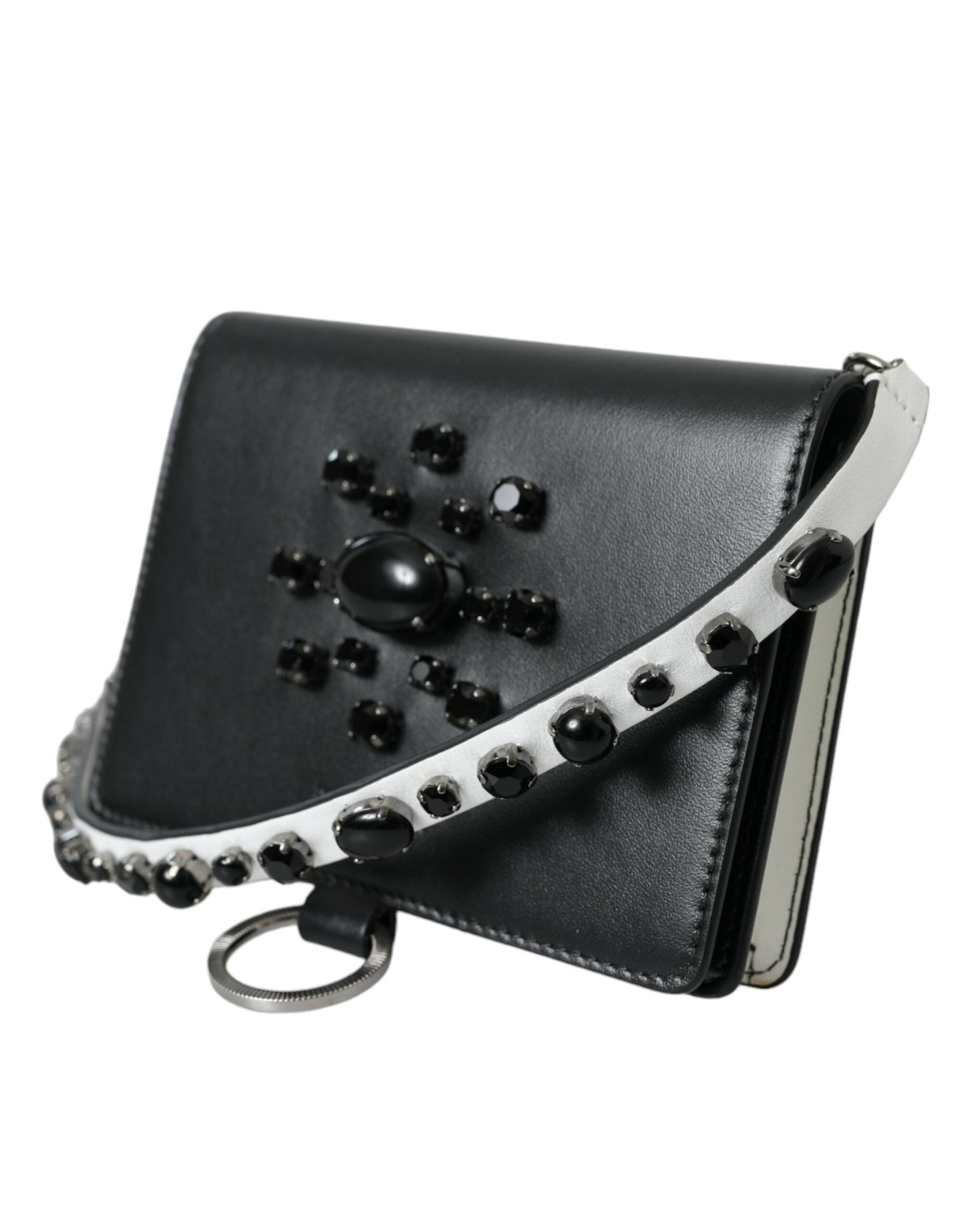 Dolce & Gabbana Black White Leather Crystal Embellished Cardholder Women's Wallet