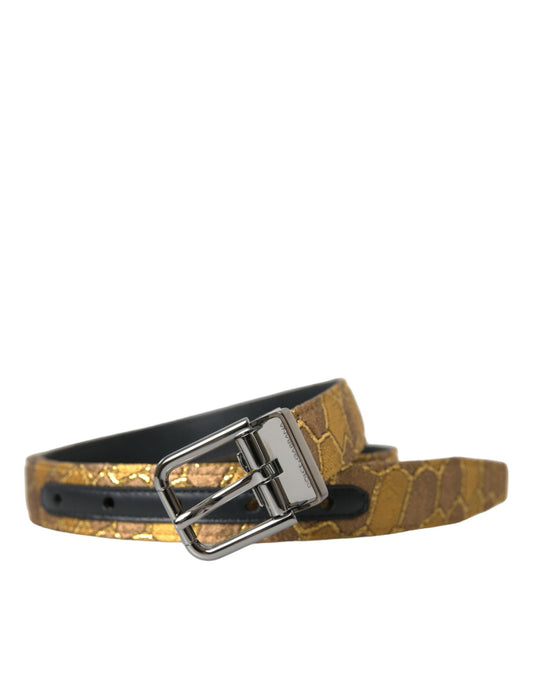 Dolce & Gabbana Gold Leather Jacquard Silver Metal Buckle Men's Belt