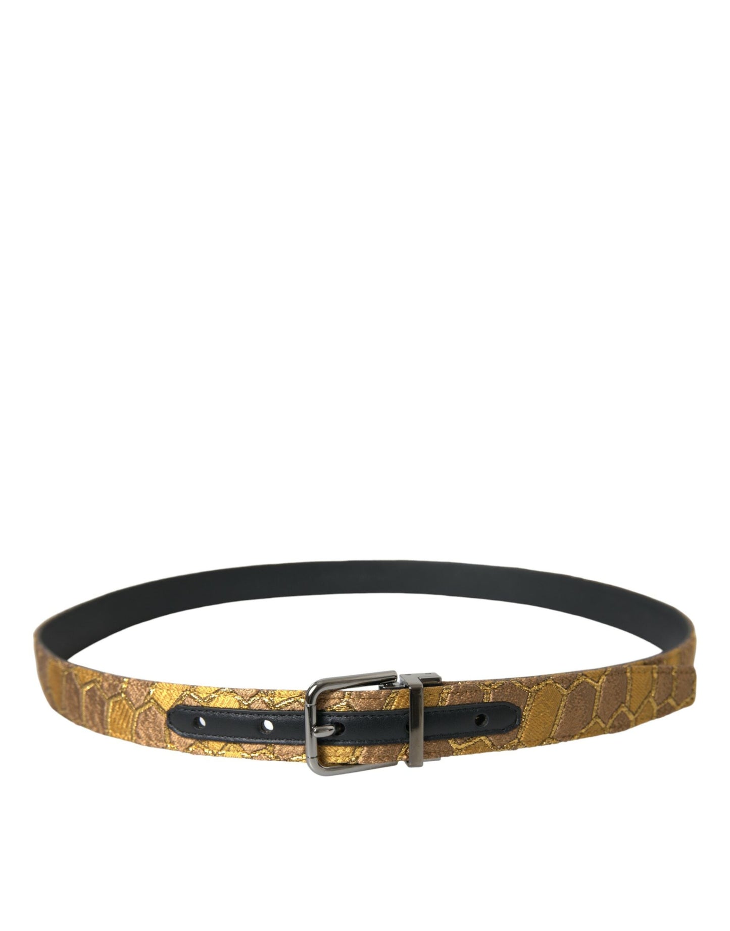 Dolce & Gabbana Gold Leather Jacquard Silver Metal Buckle Men's Belt