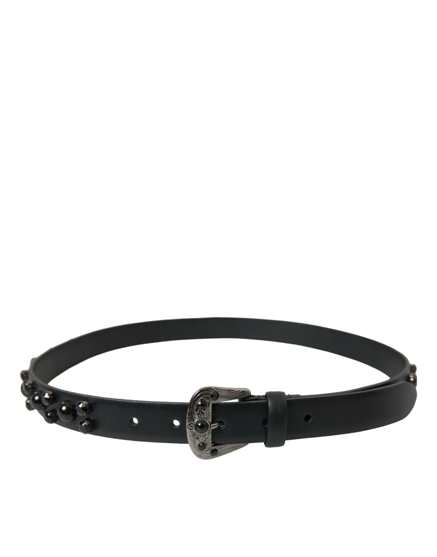 Dolce & Gabbana Black Embellished Leather Engraved Buckle Women's Belt