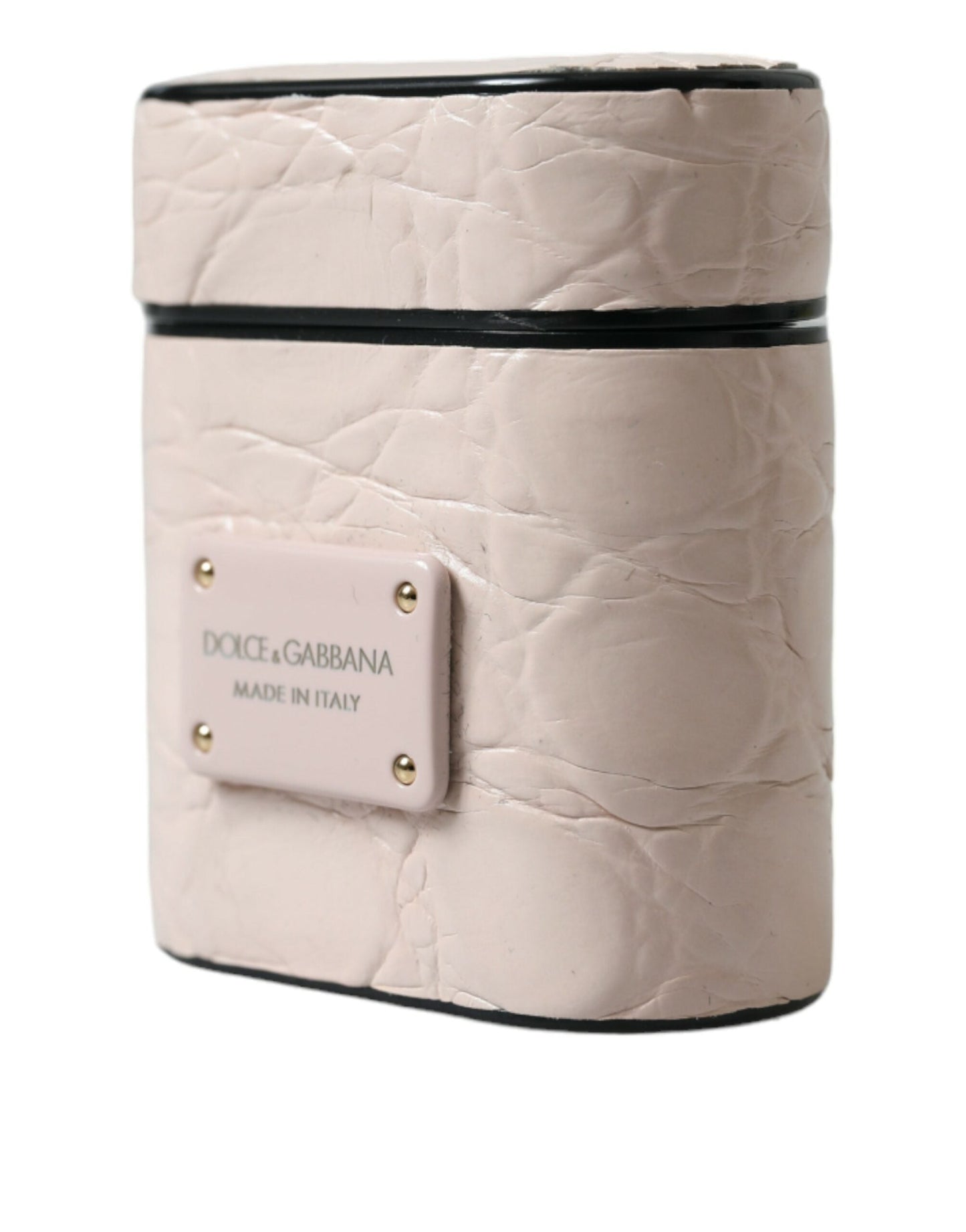 Dolce & Gabbana Light Pink Calf Leather Metal Logo Plaque Airpods Women's Case