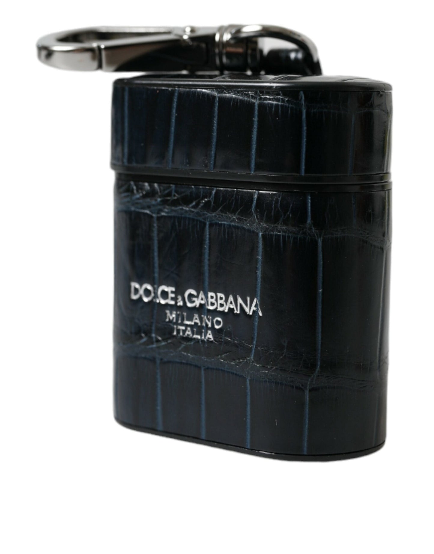 Dolce & Gabbana Black Crocodile Leather Silver Metal Logo Airpods Women's Case