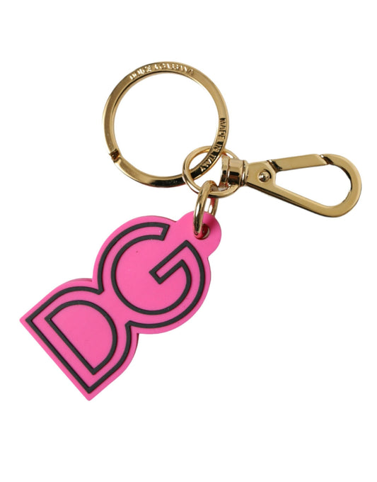 Dolce & Gabbana Pink Rubber Gold Tone Metal DG Logo Keyring Women's Keychain