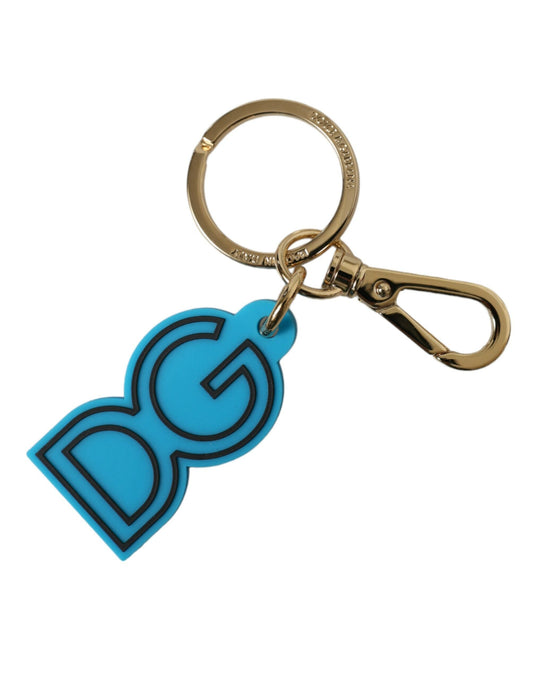 Dolce & Gabbana Blue Rubber Gold Tone Metal DG Logo Keyring Women's Keychain