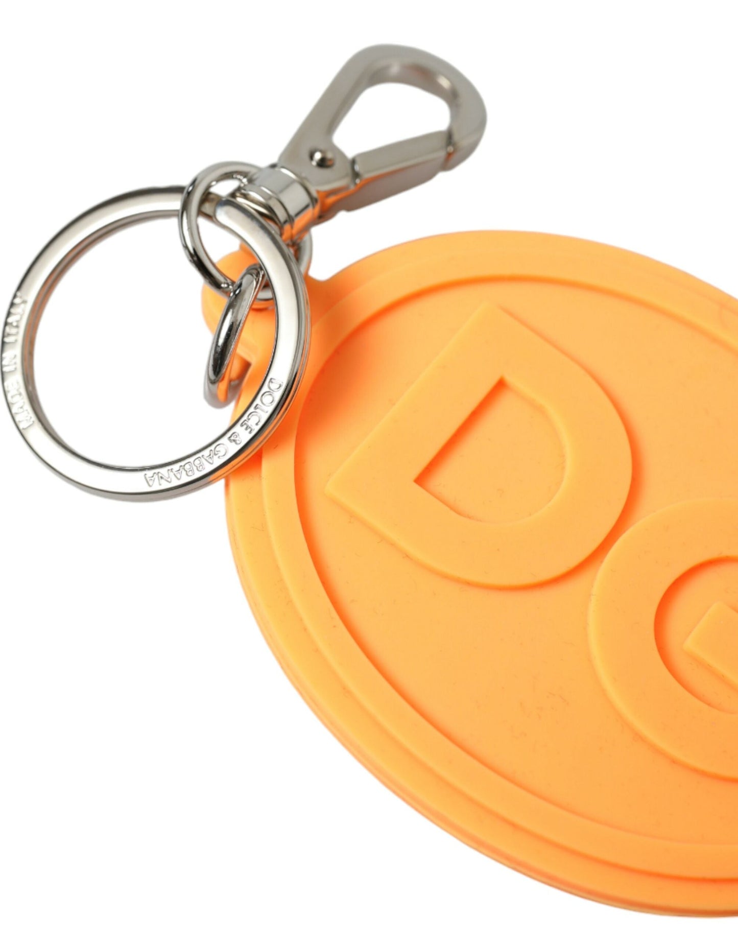 Dolce & Gabbana Orange Rubber DG Logo Silver Brass Metal Keyring Women's Keychain