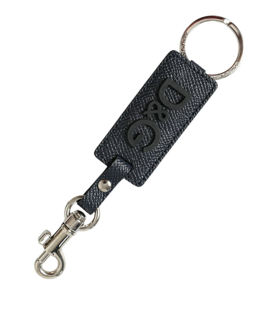 Dolce & Gabbana Black Calf Leather DG Logo Silver Brass Keyring Women's Keychain