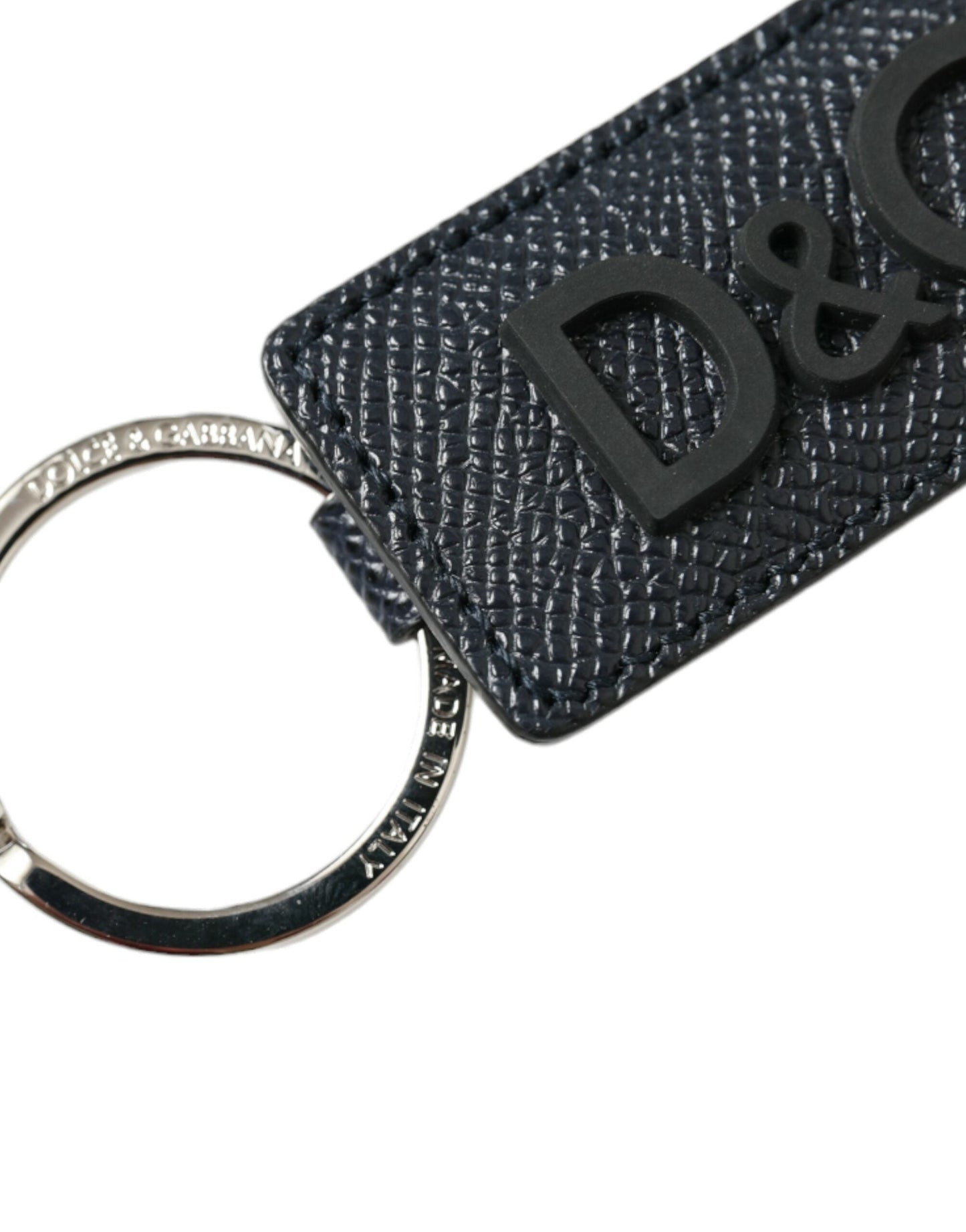 Dolce & Gabbana Black Calf Leather DG Logo Silver Brass Keyring Women's Keychain