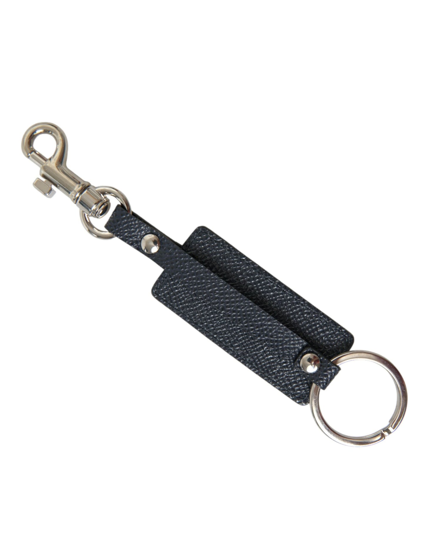Dolce & Gabbana Black Calf Leather DG Logo Silver Brass Keyring Women's Keychain