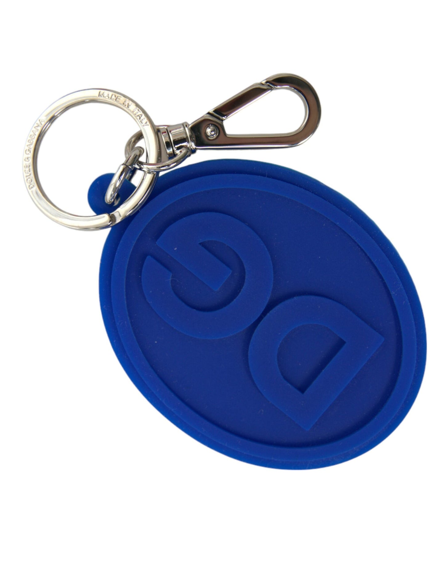 Dolce & Gabbana Blue Rubber DG Logo Silver Brass Metal Keyring Women's Keychain
