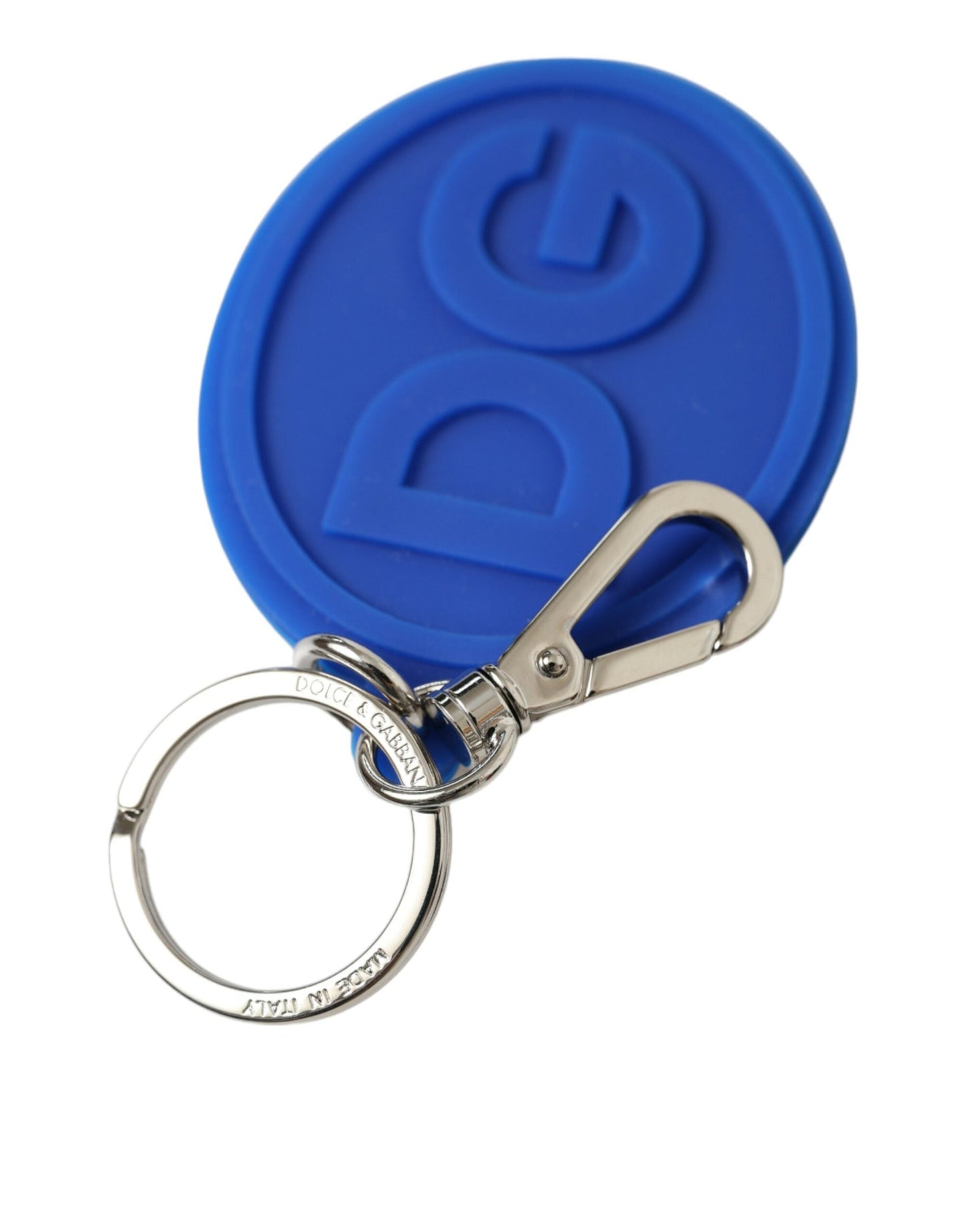 Dolce & Gabbana Blue Rubber DG Logo Silver Brass Metal Keyring Women's Keychain