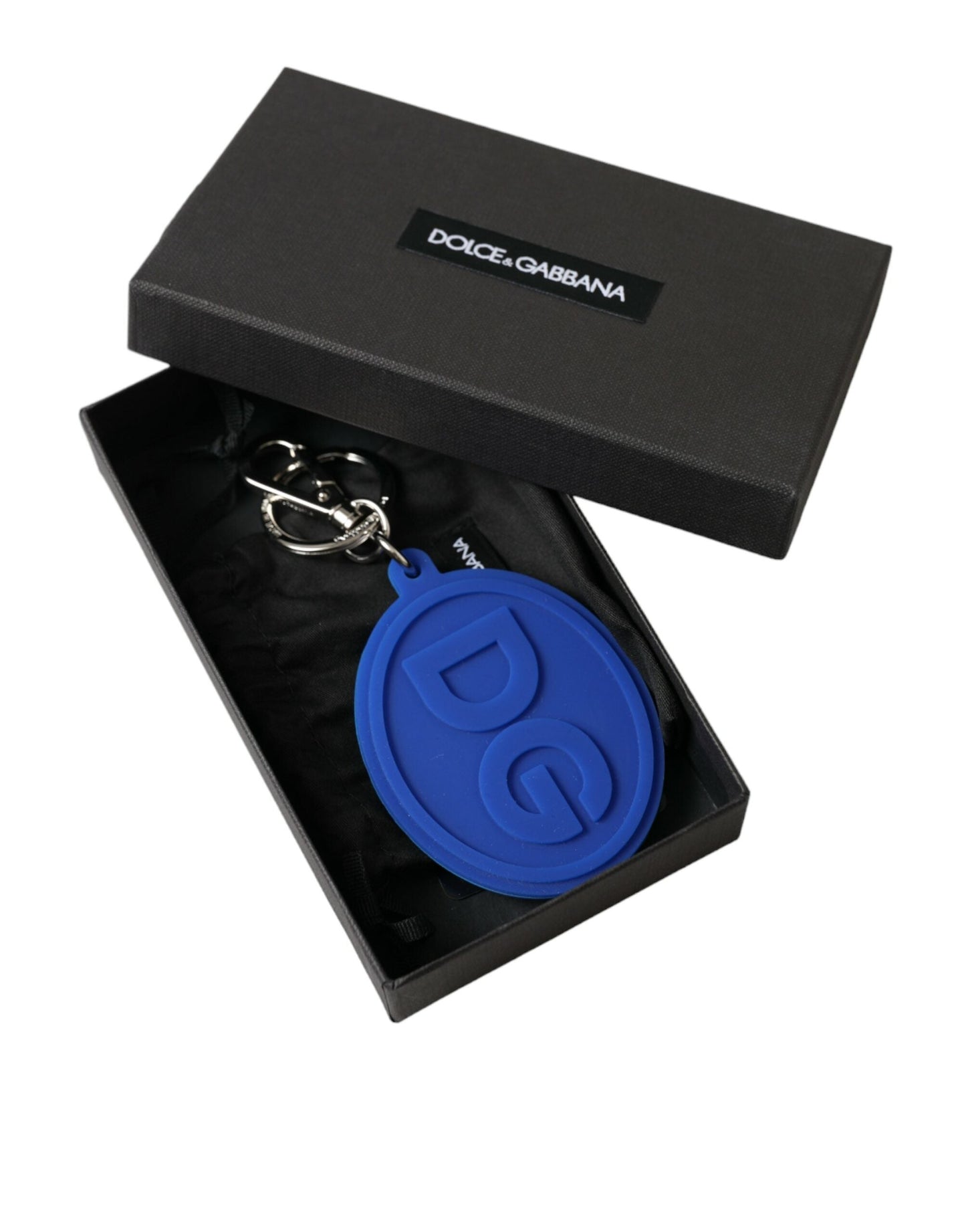 Dolce & Gabbana Blue Rubber DG Logo Silver Brass Metal Keyring Women's Keychain