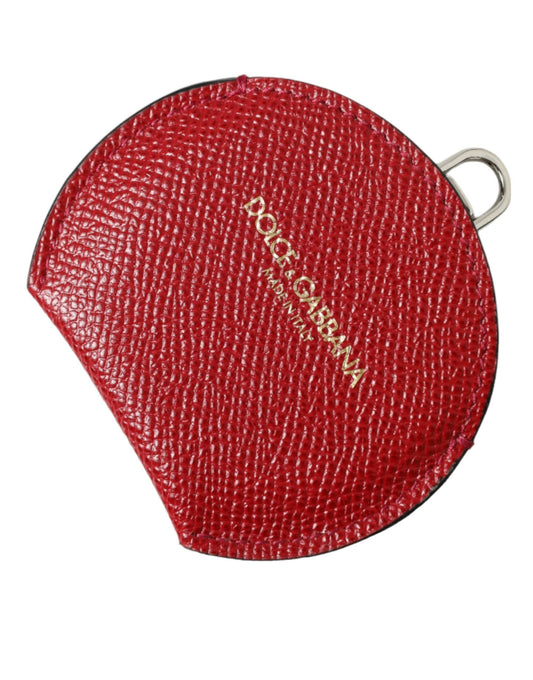 Dolce & Gabbana Red Calfskin Leather Round Logo Hand Mirror Women's Holder