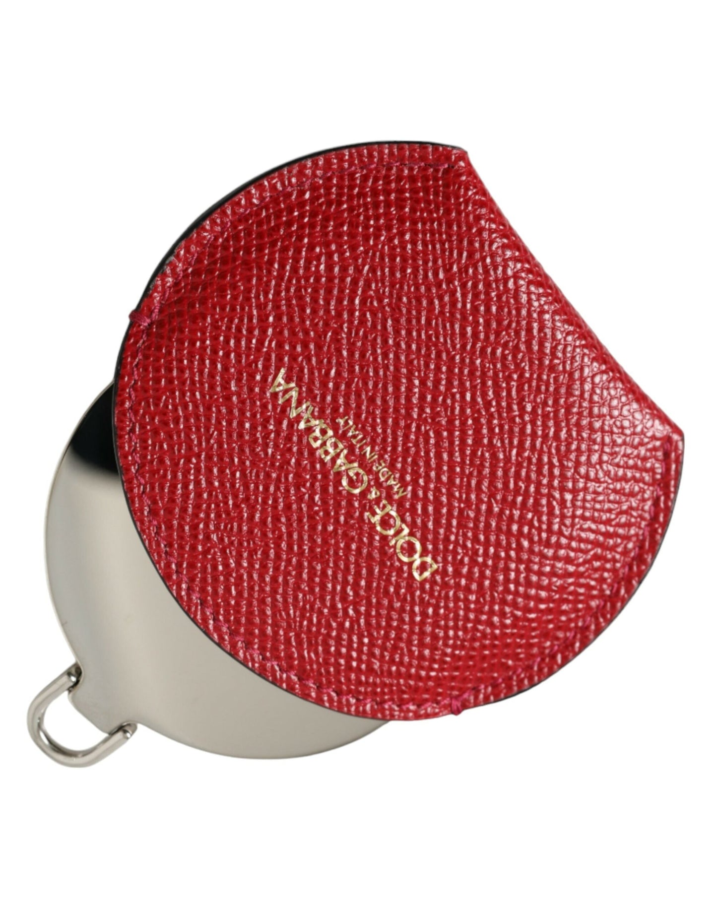 Dolce & Gabbana Red Calfskin Leather Round Logo Hand Mirror Women's Holder