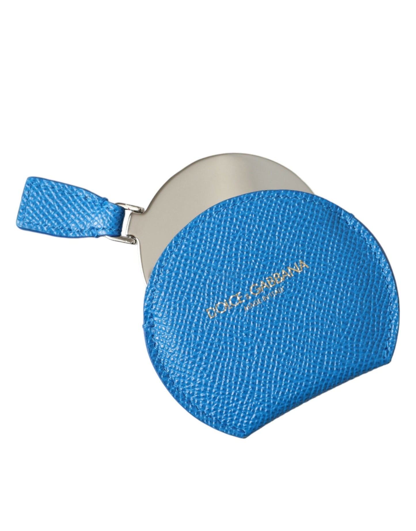 Dolce & Gabbana Blue Calfskin Leather Round Logo Hand Mirror Women's Holder