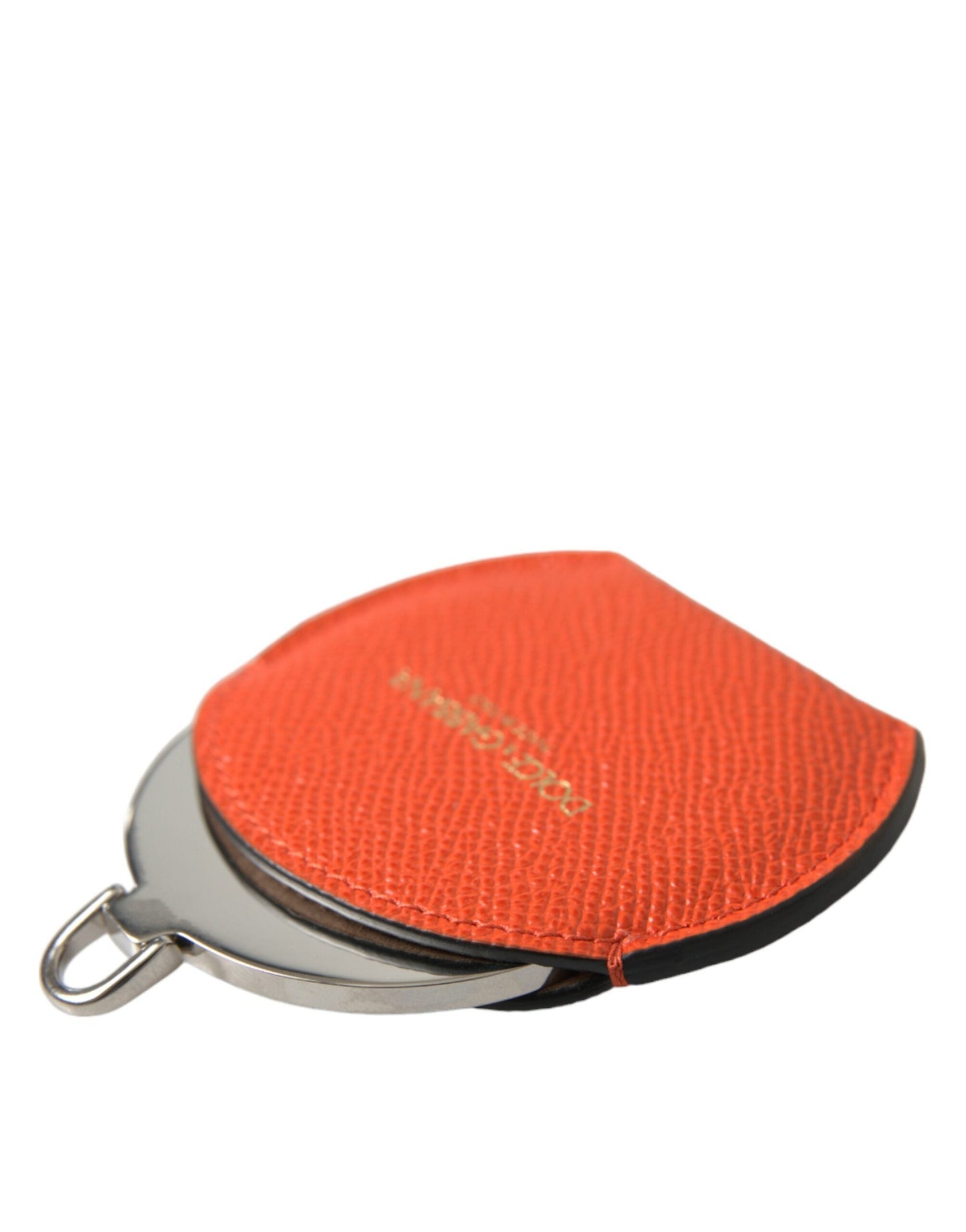 Dolce & Gabbana Orange Calfskin Leather Round Logo Hand Mirror Women's Holder