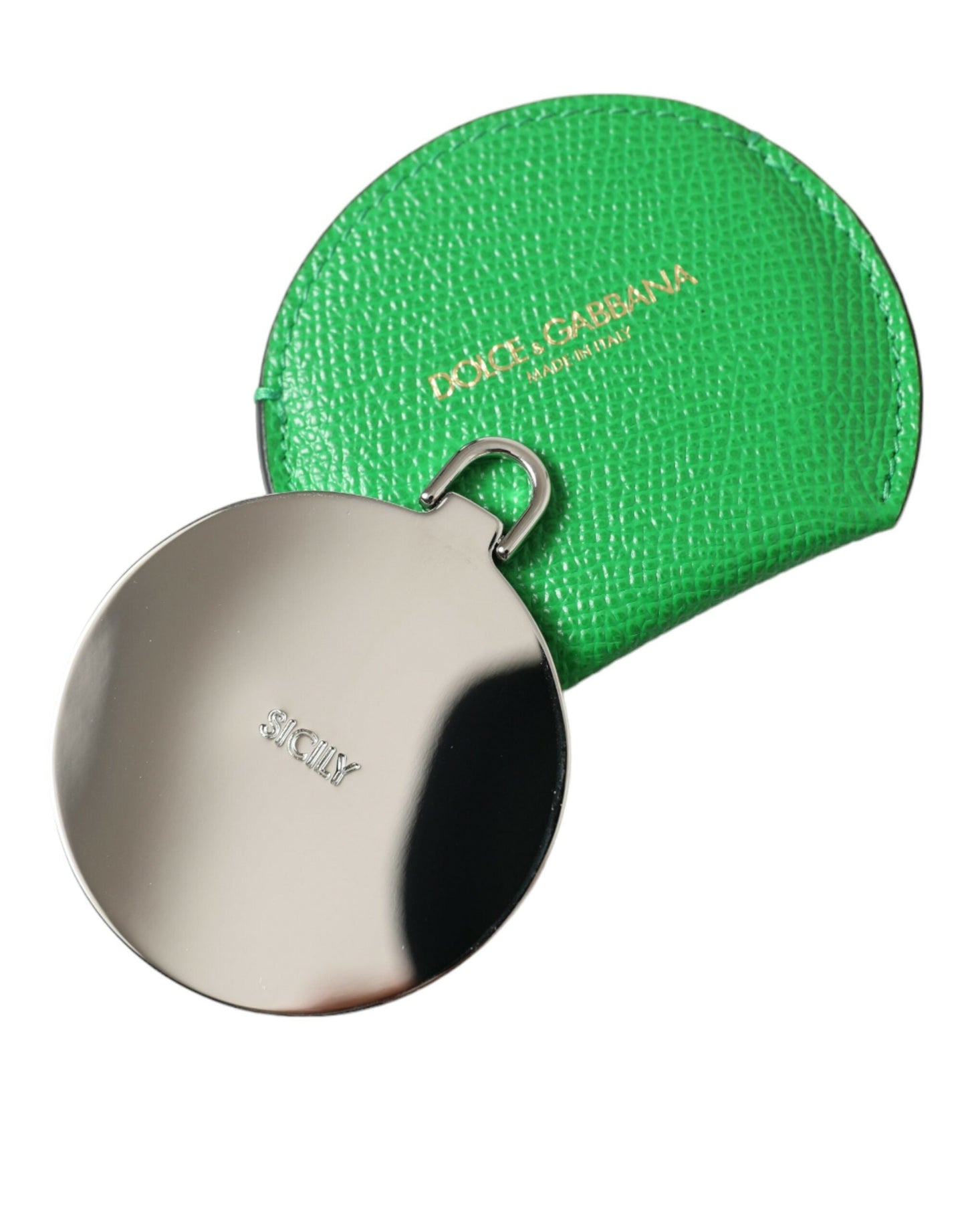 Dolce & Gabbana Green Calfskin Leather Round Logo Hand Mirror Women's Holder
