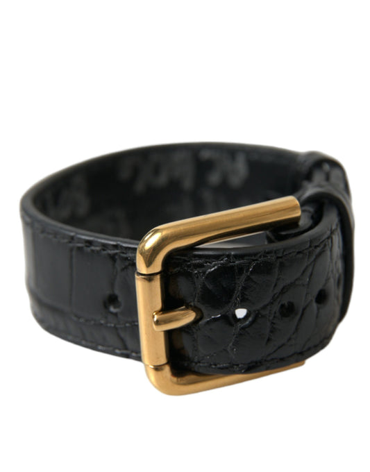 Dolce & Gabbana Black Textured Leather Gold Tone Metal Buckle Women's Armband