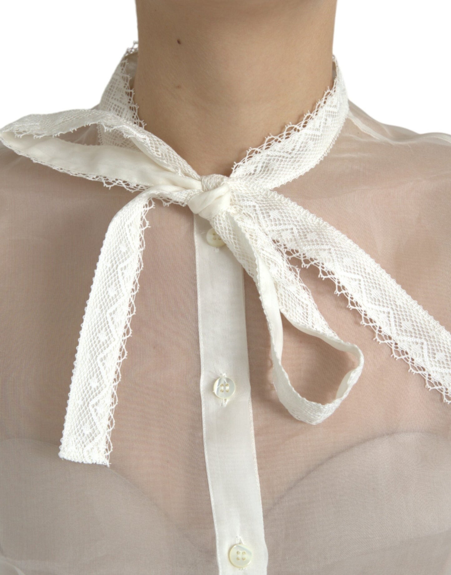 Dolce & Gabbana White Silk Long Sleeves Ascot Collar Women's Top