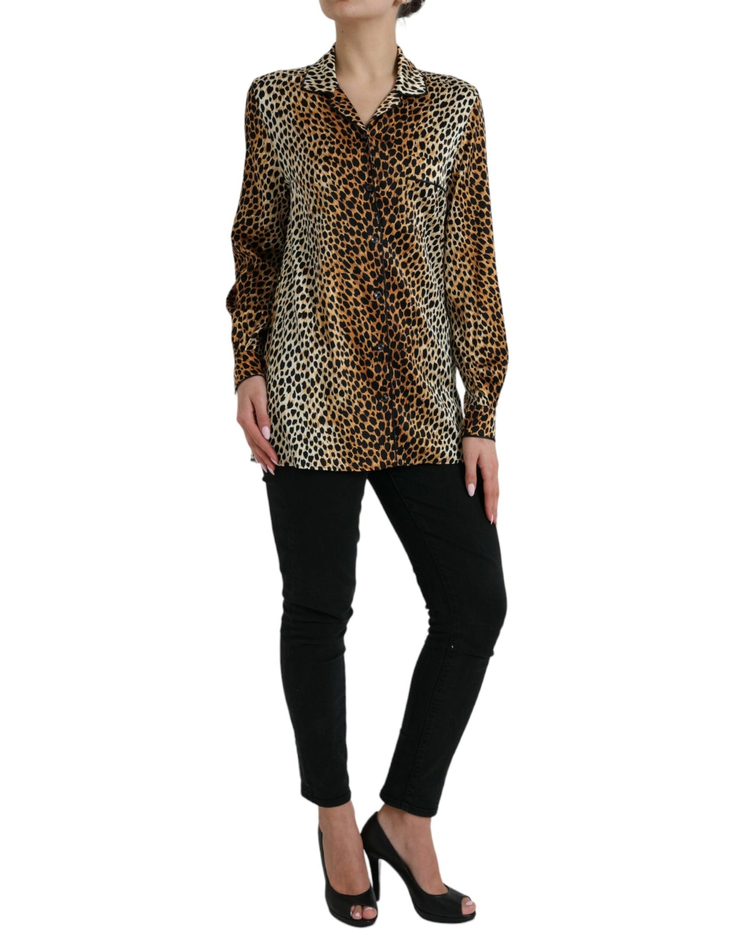 Dolce & Gabbana Brown Leopard Print Long Sleeves Blouse Women's Top