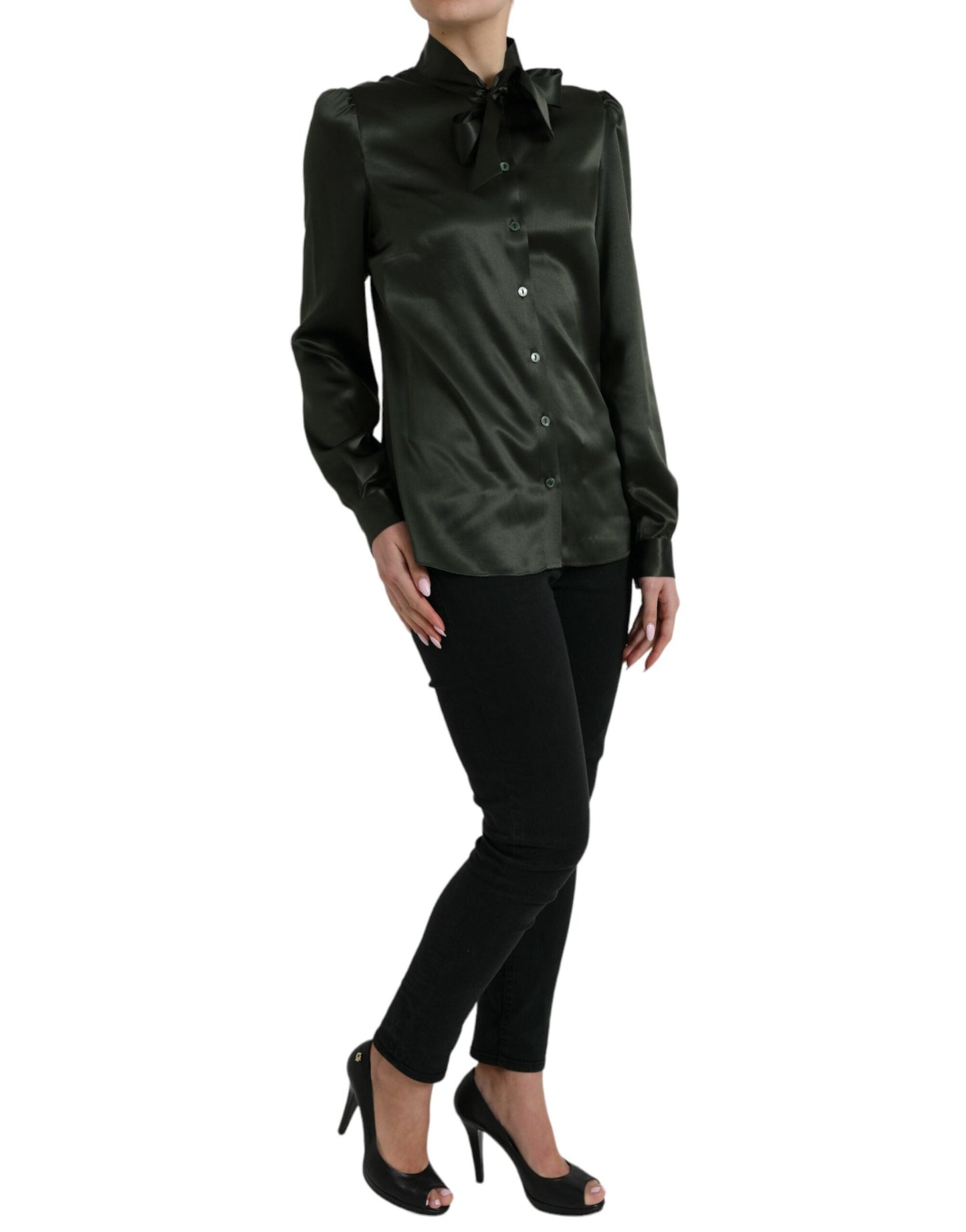 Dolce & Gabbana Gray Long Sleeves Ascot Collar Blouse Women's Top