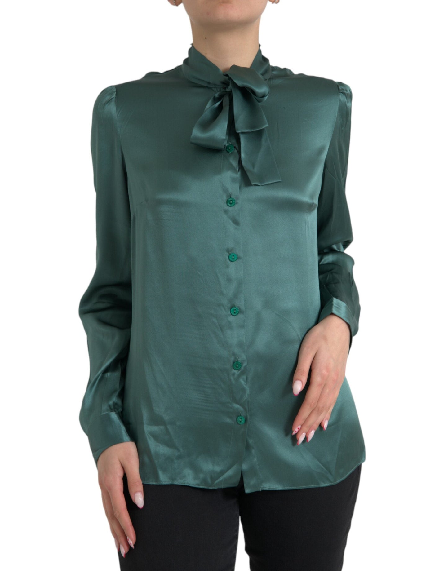 Dolce & Gabbana Dark Green Silk Ascot Collar Blouse Women's Top