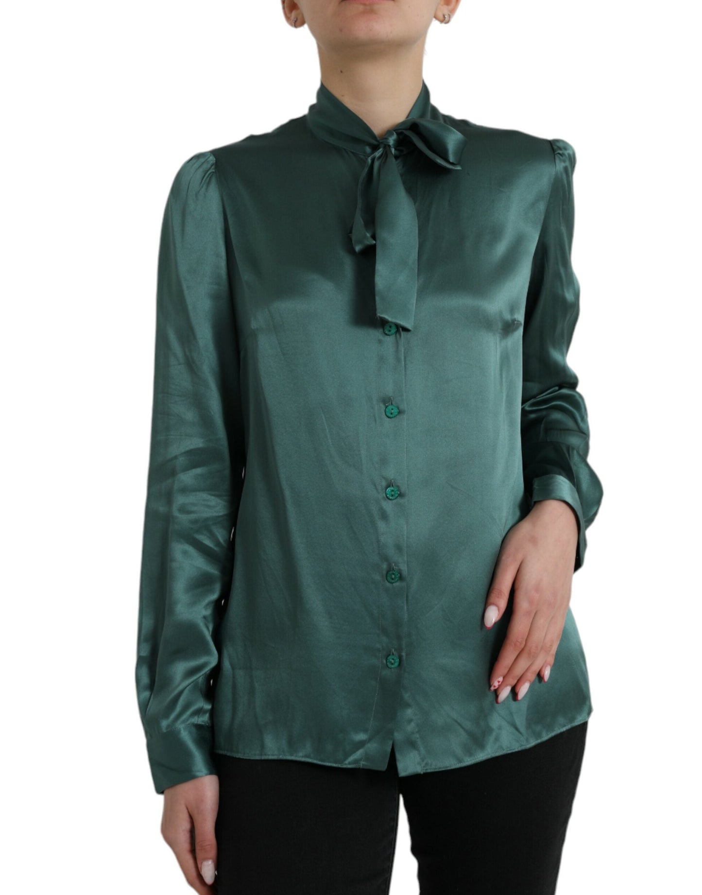 Dolce & Gabbana Dark Green Silk Ascot Collar Blouse Women's Top