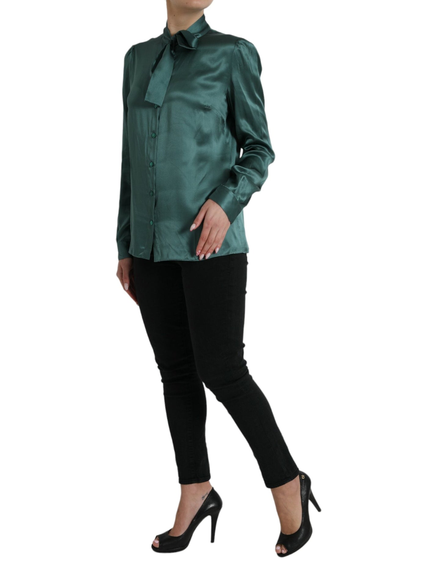 Dolce & Gabbana Dark Green Silk Ascot Collar Blouse Women's Top