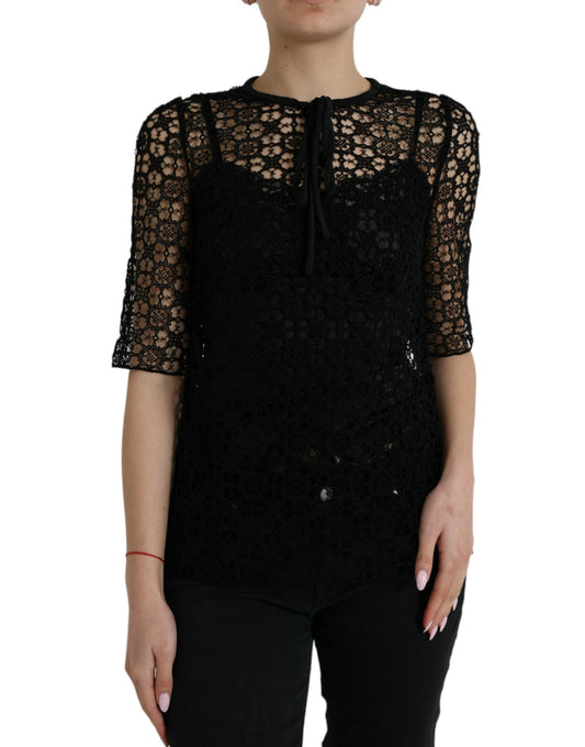 Dolce & Gabbana Black Floral Lace Short Sleeves Blouse Women's Top
