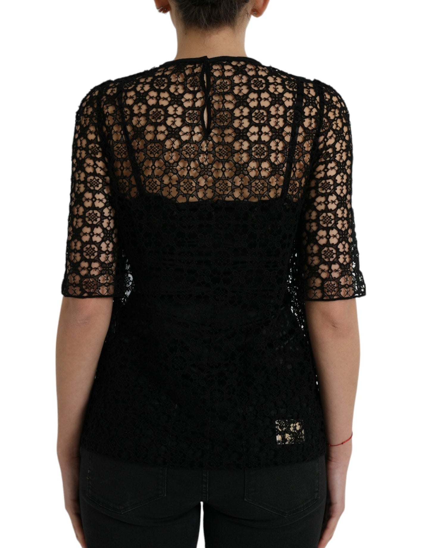 Dolce & Gabbana Black Floral Lace Short Sleeves Blouse Women's Top
