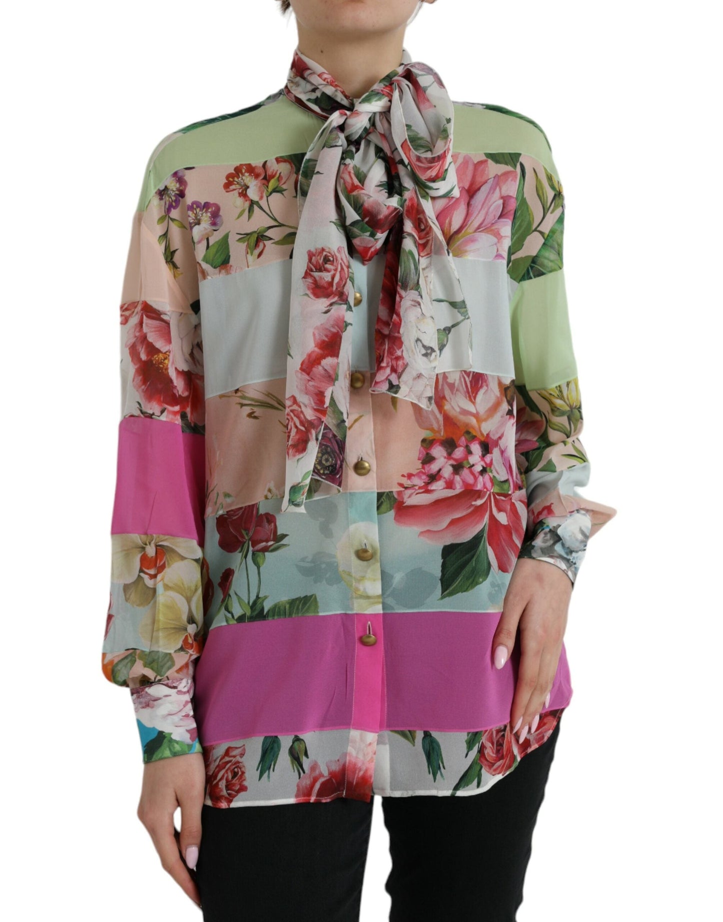 Dolce & Gabbana Multicolor Floral Patchwork Ascot Collar Women's Top