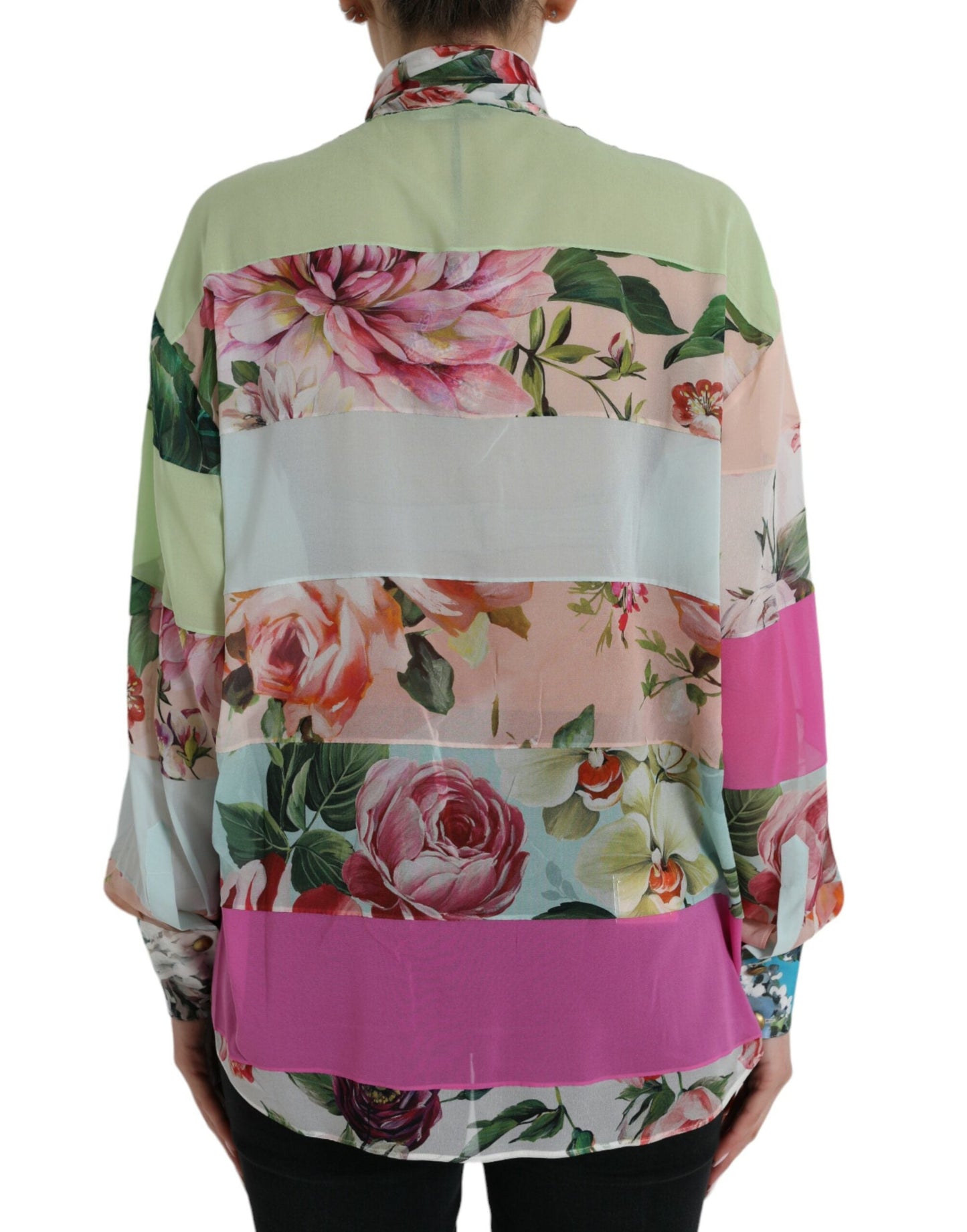 Dolce & Gabbana Multicolor Floral Patchwork Ascot Collar Women's Top