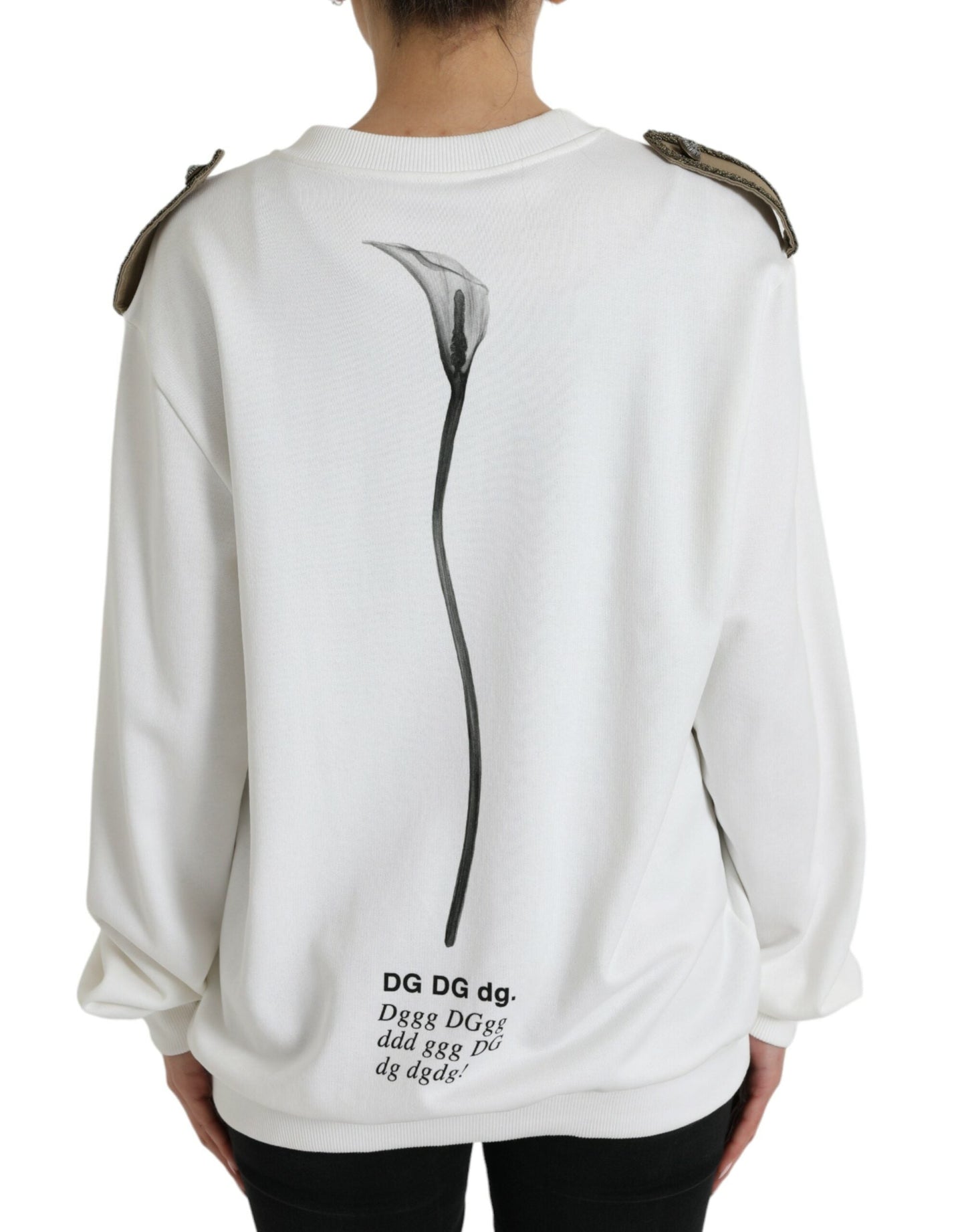 Dolce & Gabbana White Floral Cotton Crew Neck Pullover Women's Sweater