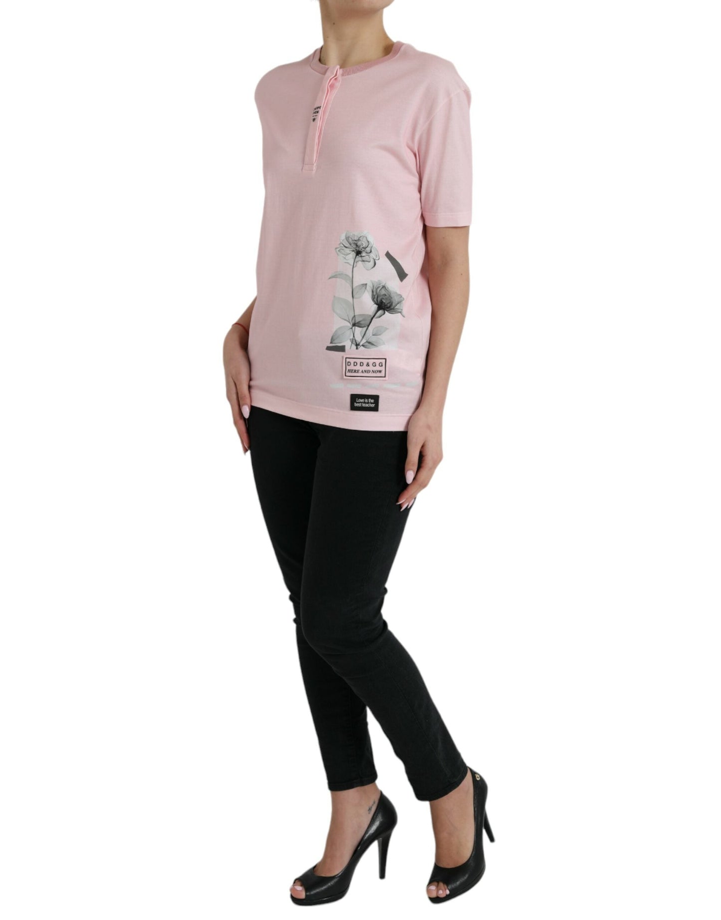 Dolce & Gabbana Pink Floral Print Cotton Short Sleeves Women's T-shirt
