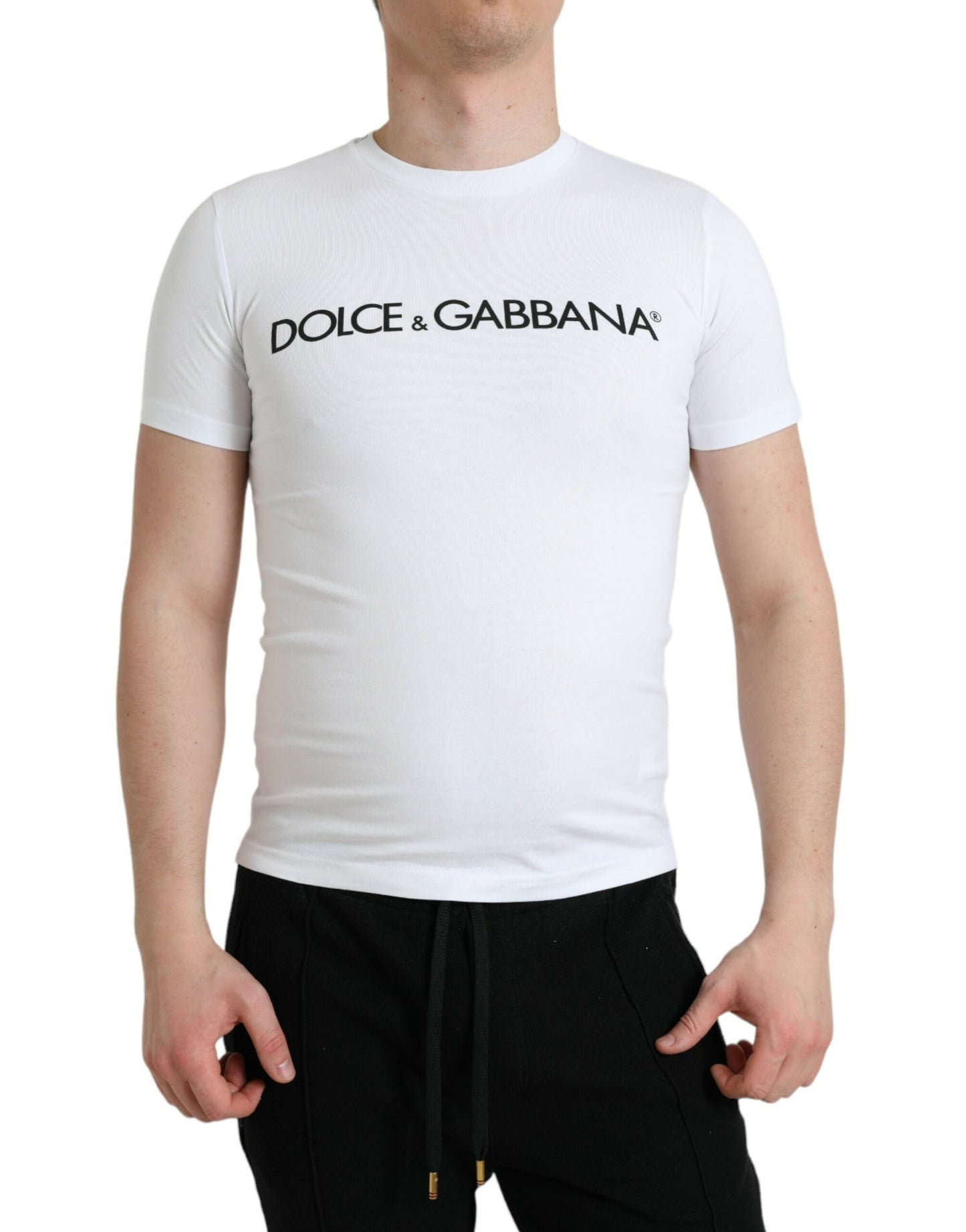 Dolce & Gabbana White Logo Print Cotton Crew Neck Men's T-shirt