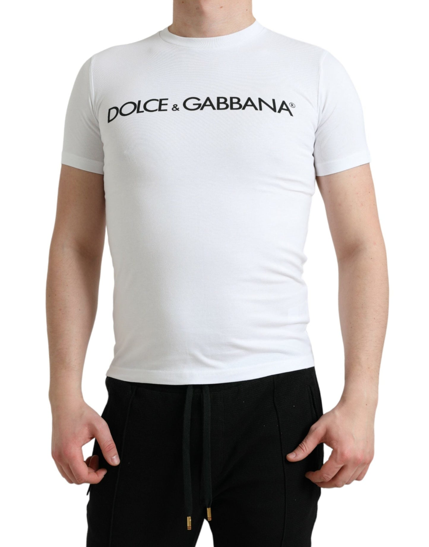Dolce & Gabbana White Logo Print Cotton Crew Neck Men's T-shirt