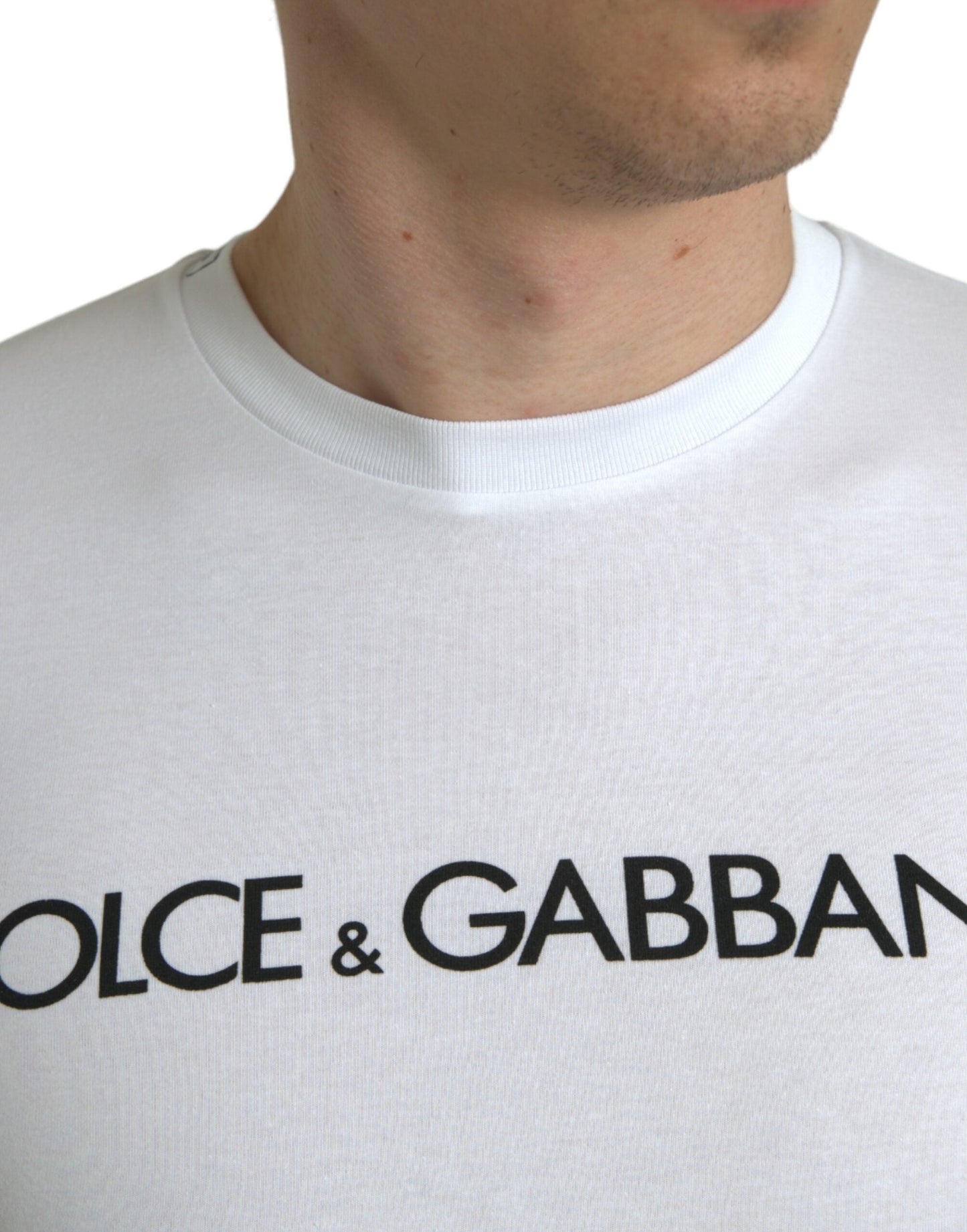 Dolce & Gabbana White Logo Print Cotton Crew Neck Men's T-shirt