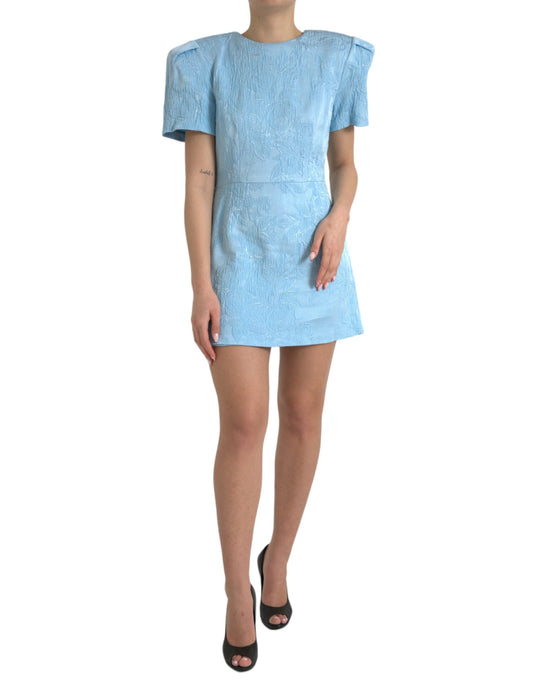 Dolce & Gabbana Light Blue Floral Jacquard Puff Sleeve Mini Women's Dress