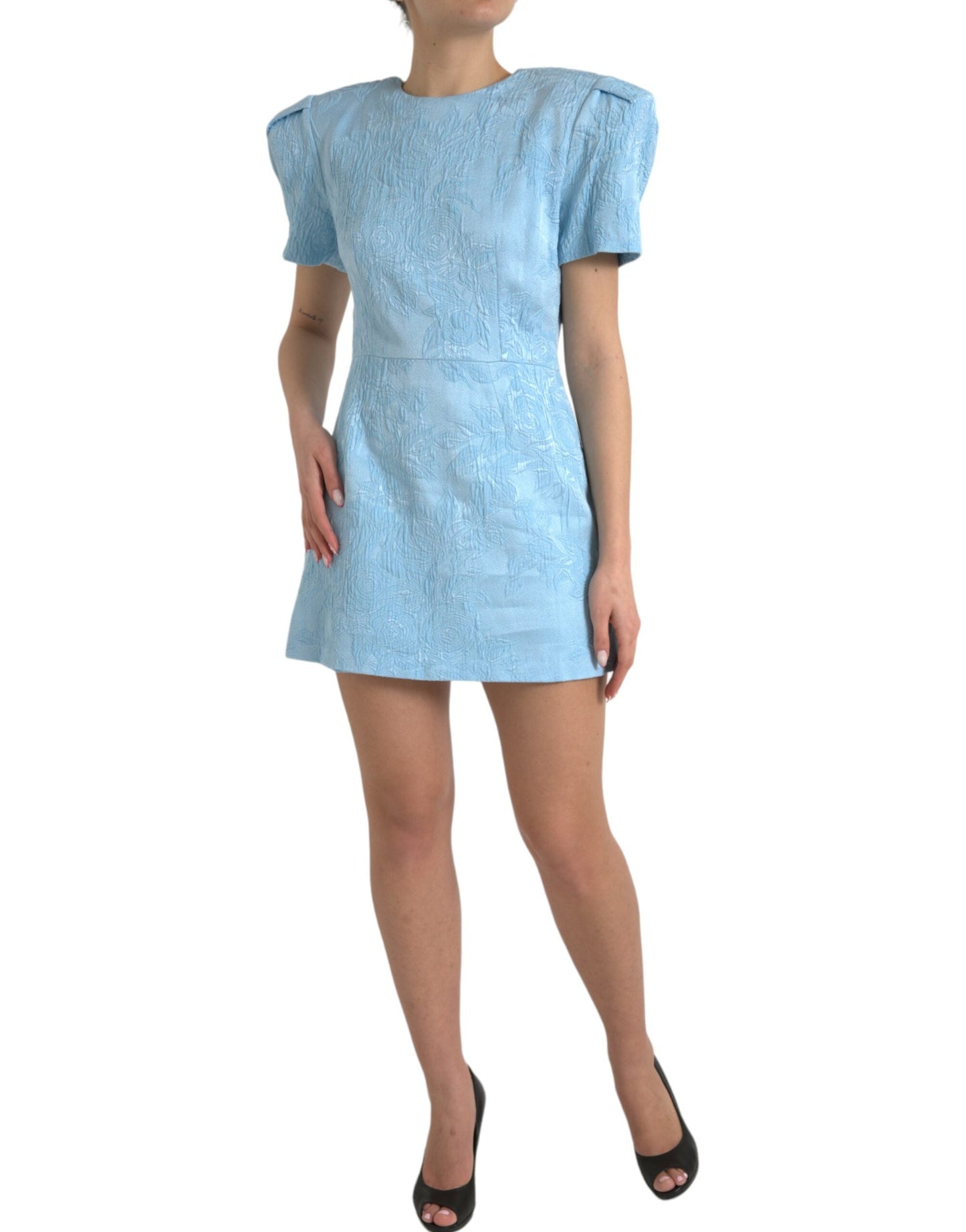 Dolce & Gabbana Light Blue Floral Jacquard Puff Sleeve Mini Women's Dress