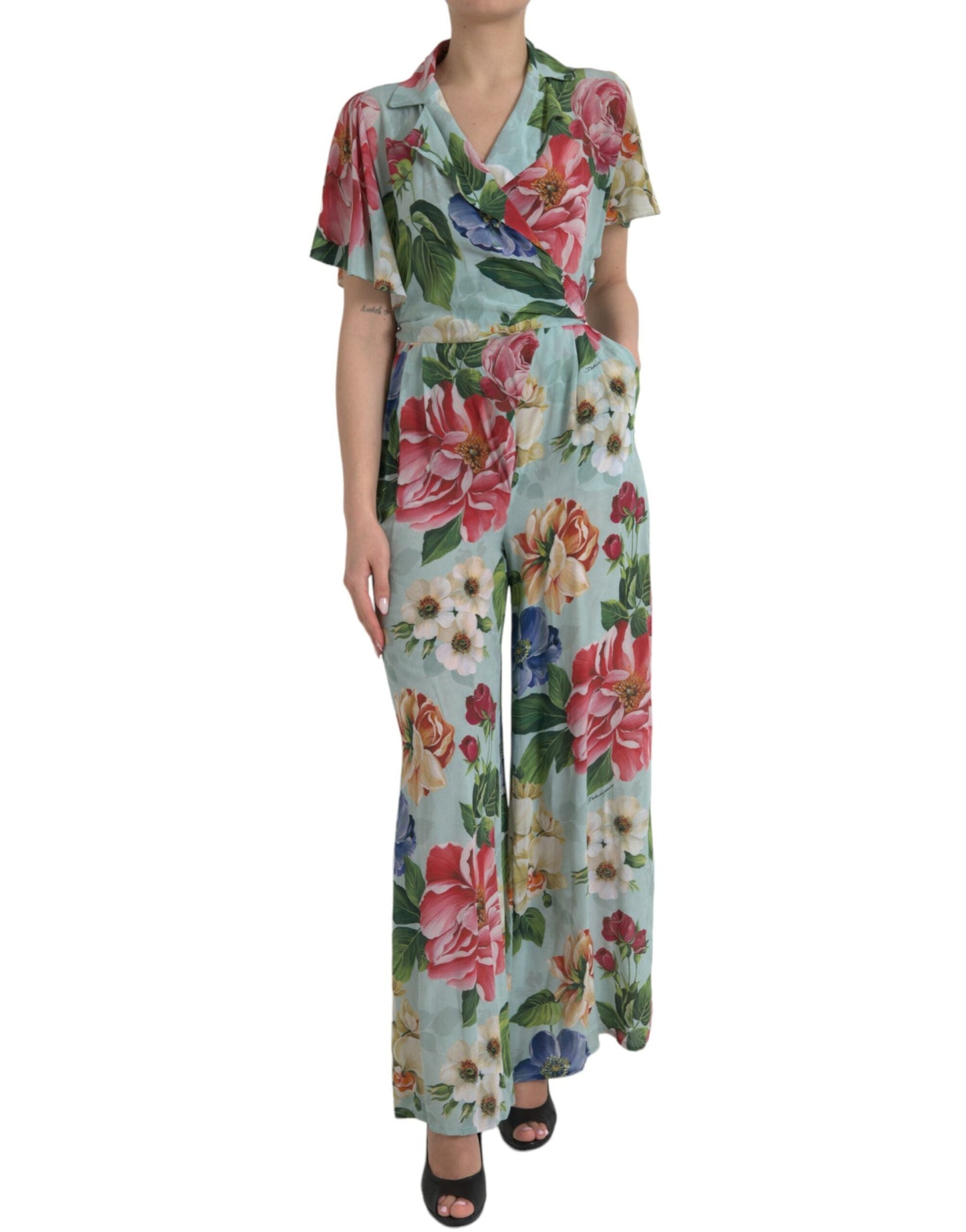 Dolce & Gabbana Blue Floral Wide Leg Wrap Jumpsuit Women's Dress