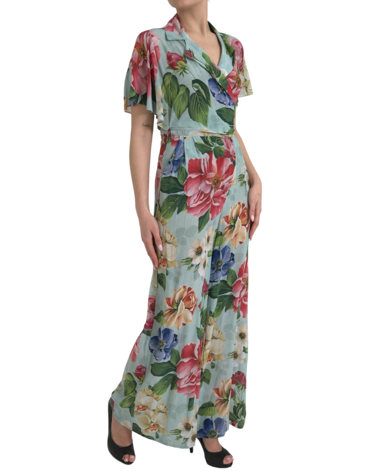 Dolce & Gabbana Blue Floral Wide Leg Wrap Jumpsuit Women's Dress