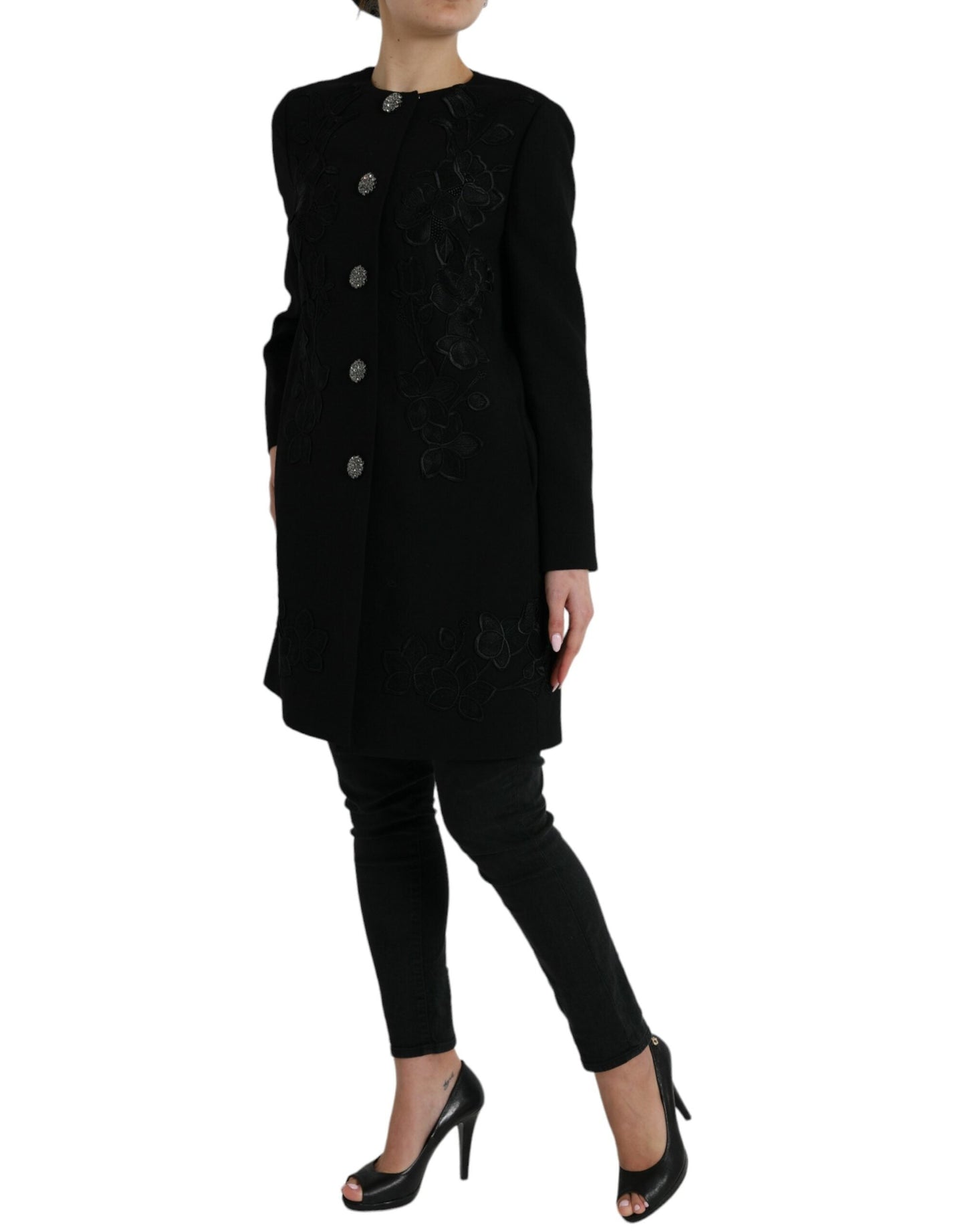 Dolce & Gabbana Black Floral Wool Button Embellished Women's Jacket
