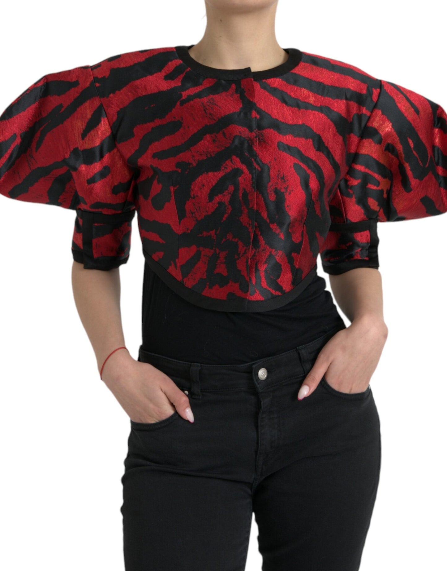 Dolce & Gabbana Black Red Patterned Cropped Coat Women's Jacket