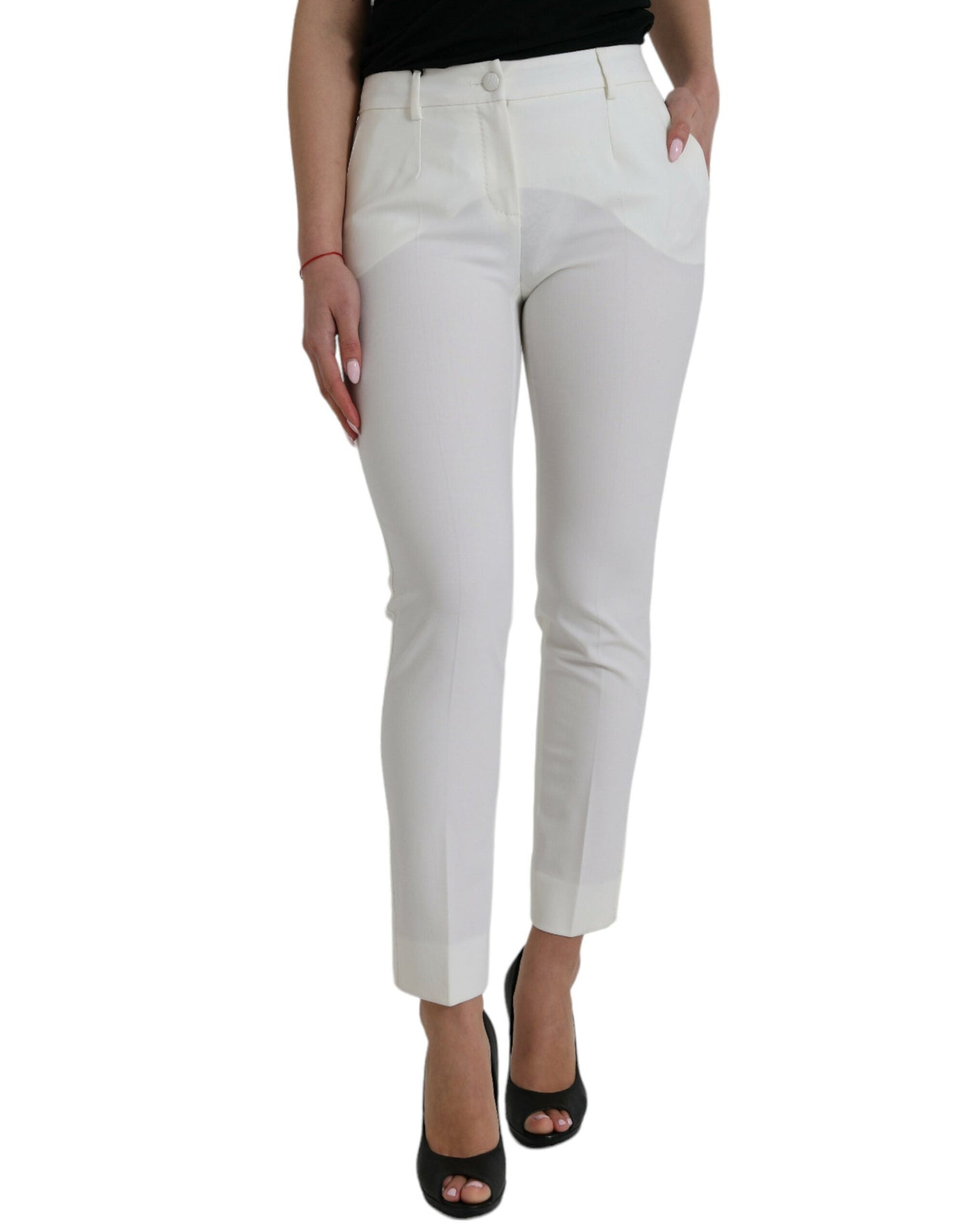 Dolce & Gabbana White Wool Mid Waist Tapered Women's Pants