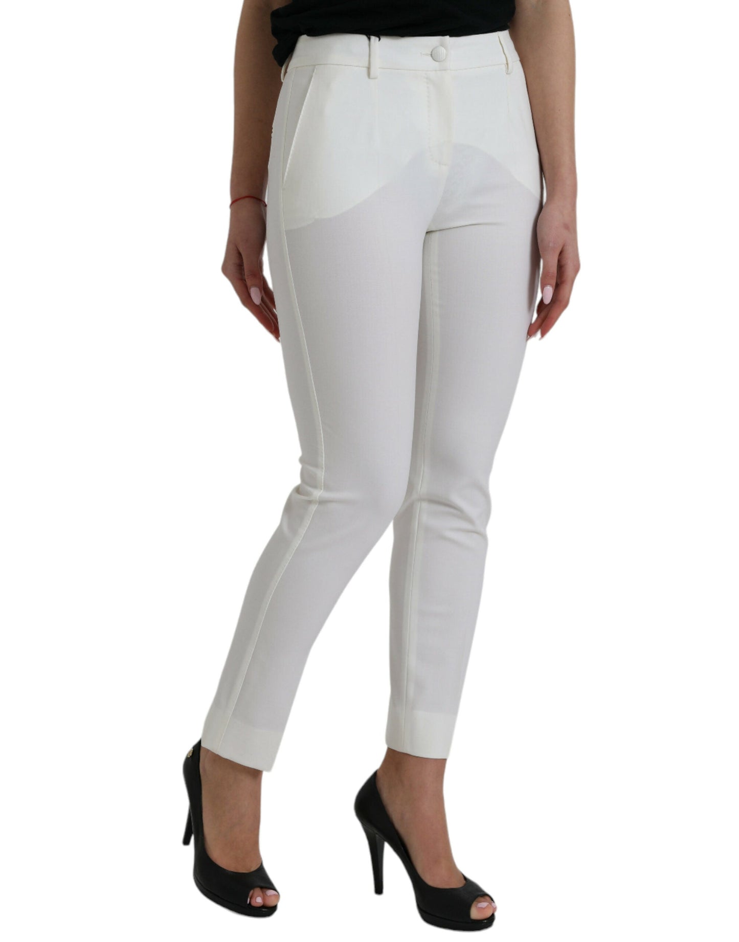 Dolce & Gabbana White Wool Mid Waist Tapered Women's Pants
