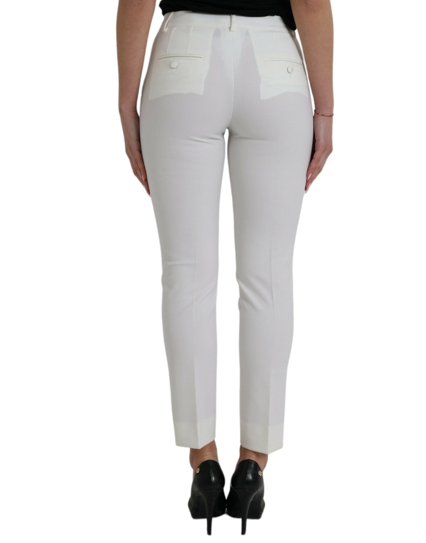 Dolce & Gabbana White Wool Mid Waist Tapered Women's Pants