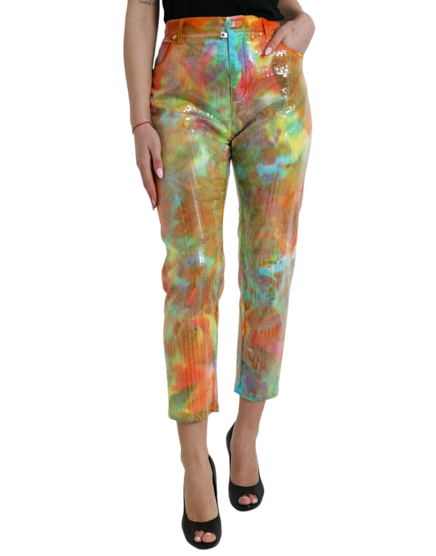 Dolce & Gabbana Multicolor Tie Dye Sequined High Waist Cropped Women's Pants