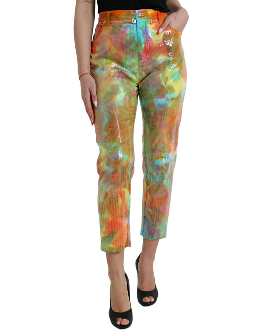 Dolce & Gabbana Multicolor Tie Dye Sequined High Waist Cropped Women's Pants